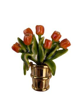 Vintage Gold Tone Enameled Brooch Orange & Green Tulip Flower Basket